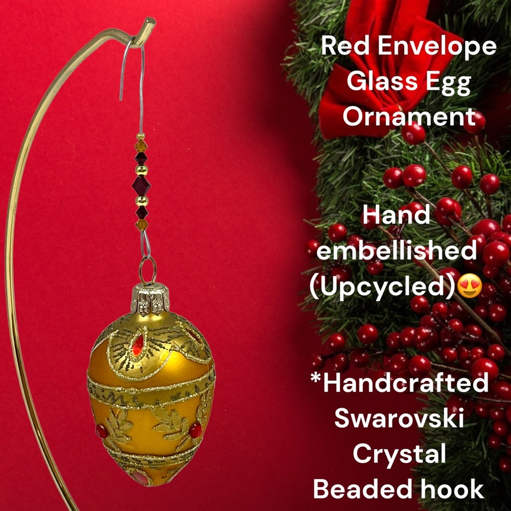 Red Envelope red & gold glass egg Christmas ornament w/handmade beaded hook